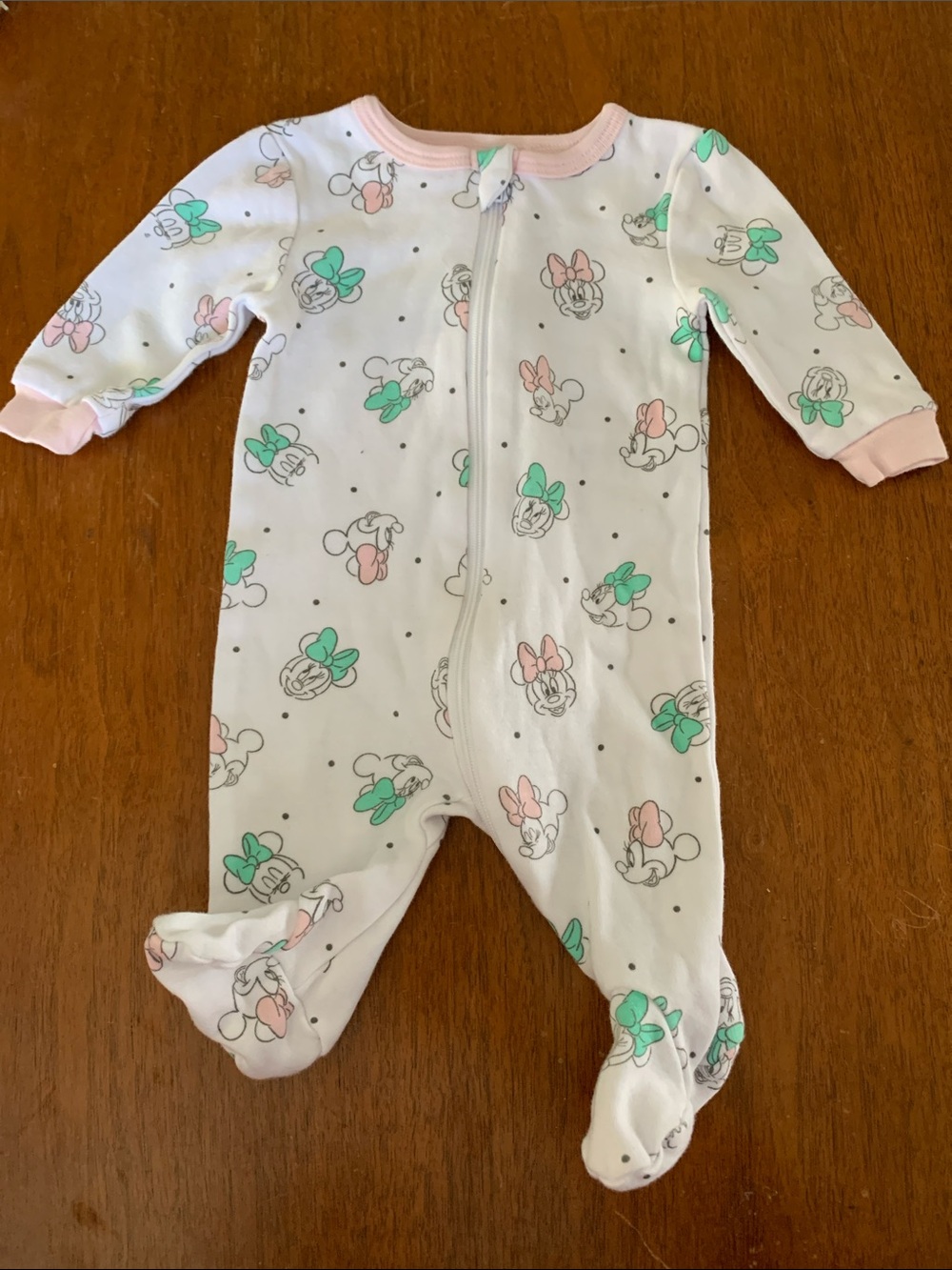 🍊5/$25 NWOT Disney White Footed One-Piece with Pink and Mint Minnie Bow Print